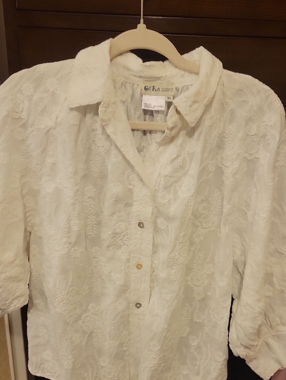NWOT Womens White Embroidered Button-Front Blouse 3/4 Sleeves